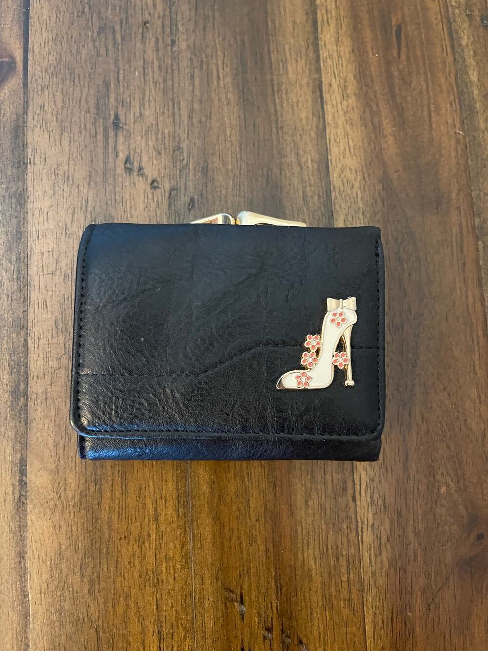 Black Faux Leather Trifold Wallet with High Heel & Flowers